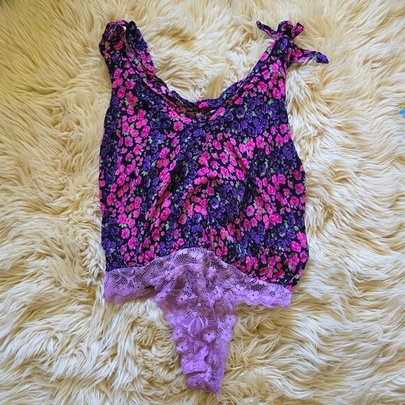Free People Bare It All Pink And Purple Floral Bodysuit Large - Picture 2 of 7